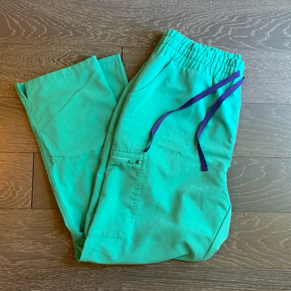 Figs Women's Skinny Scrub Pants in Teal with Purple Drawstring